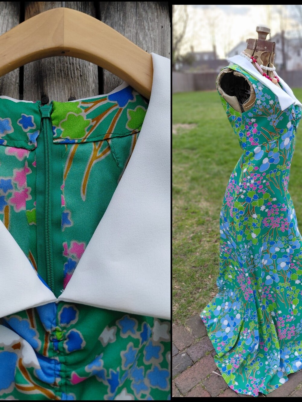 Vintage 70s handmade butterfly collar blue green print maxi dress Womens S